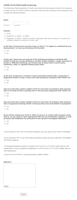COVID 19 Pre Shift Health Screening TEMPLATE ONLY