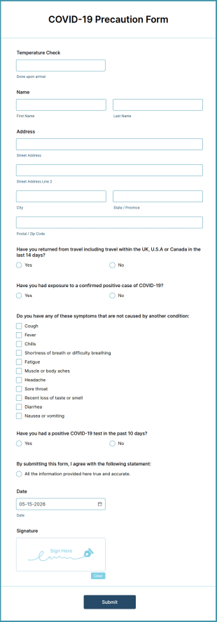 COVID 19 Precaution Form Template
