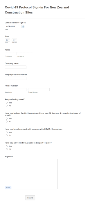 Covid 19 Protocol Sign In For New Zealand Construction Sites Form Template