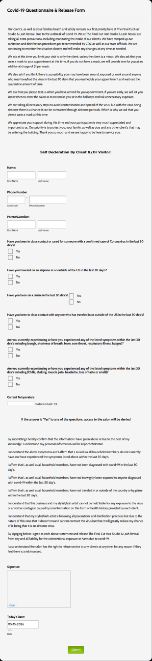 Covid 19 Questionnaire And Release Form Template