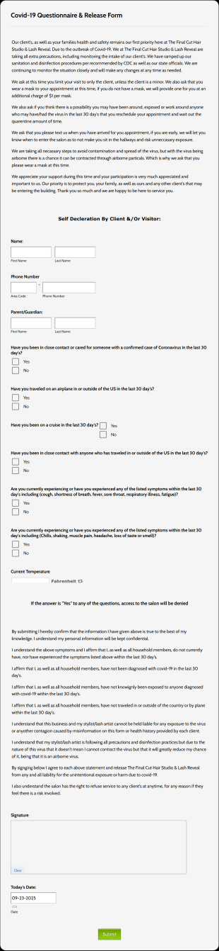 Covid 19 Questionnaire And Release Form Template