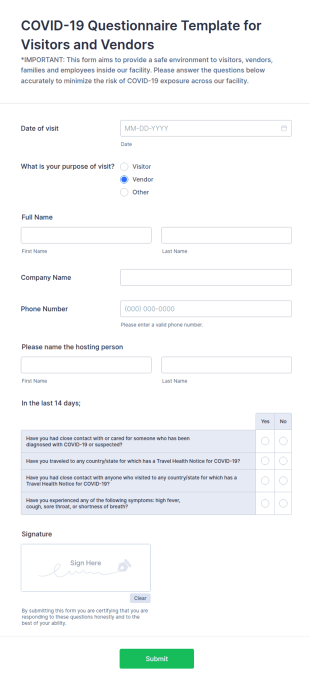COVID 19 Questionnaire Template For Visitors And Vendors
