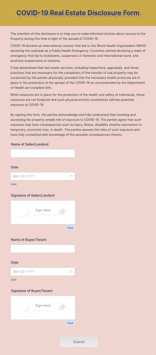 COVID 19 Real Estate Disclosure Form Template