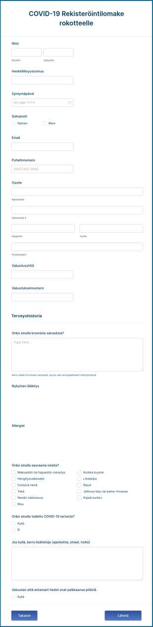 COVID 19 Rekisteröintilomake Rokotteelle