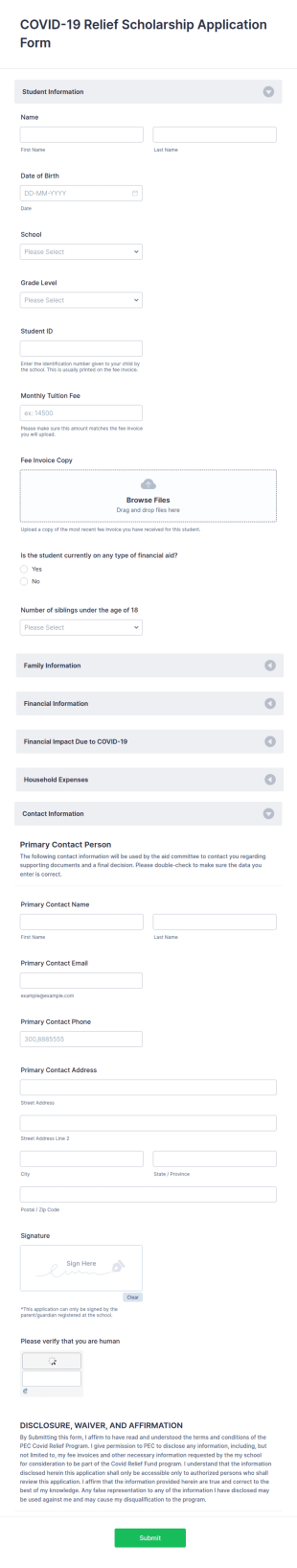 COVID 19 Relief Scholarship Application Form Template