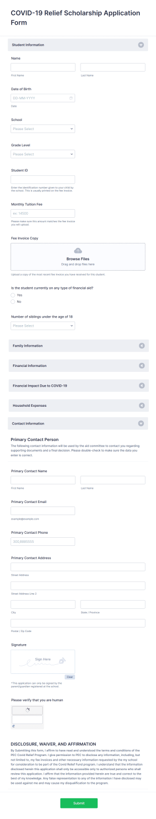 COVID 19 Relief Scholarship Application Form Template