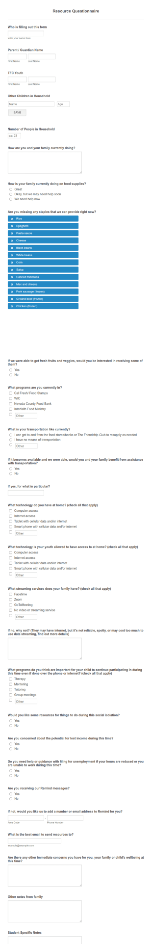COVID 19 Resource Support Questionnaire Form Template