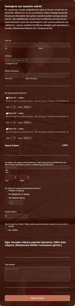 COVID 19 Restaurant Online Sipariş Form Şablonu