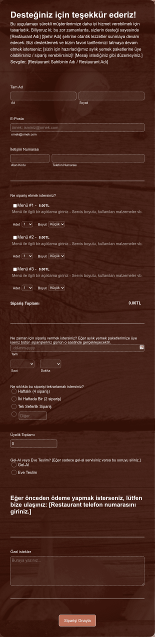 COVID 19 Restaurant Online Sipariş Form Şablonu