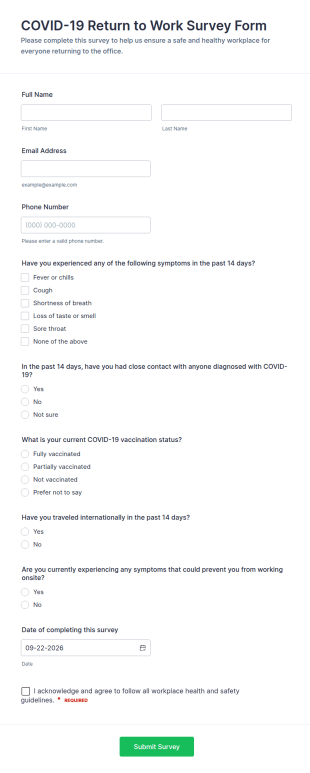 COVID 19 Return To Work Survey Form Template