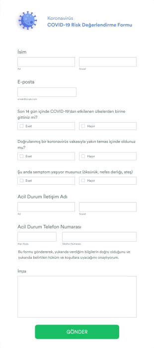 COVID 19 Risk Değerlendirmesi Form Şablonu