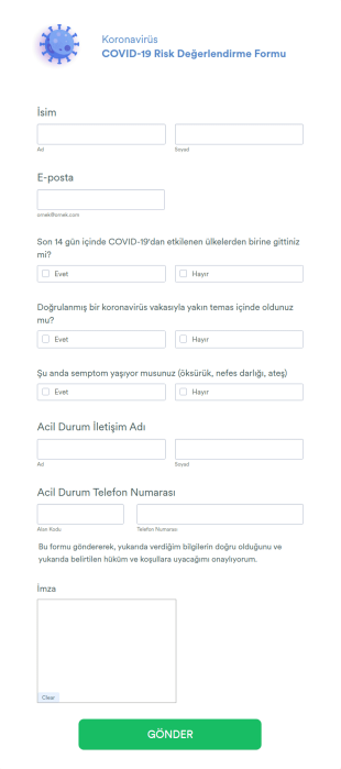 COVID 19 Risk Değerlendirmesi Form Şablonu