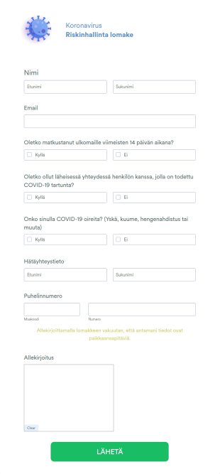 COVID 19 Riskinhallinta Lomake