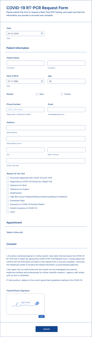 COVID 19 RT PCR Request Form Template