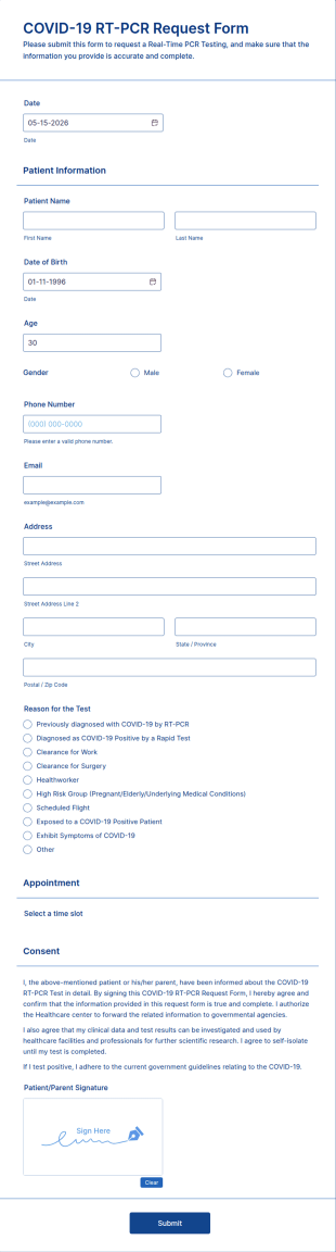 COVID 19 RT PCR Request Form Template