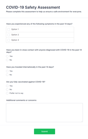 COVID 19 Safety Assessment Form Template