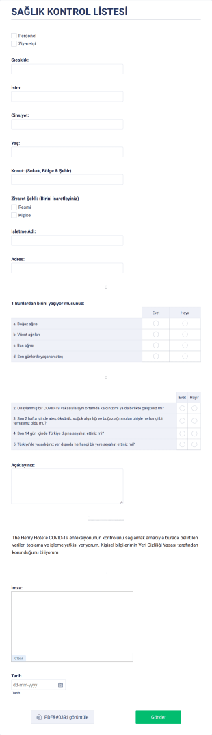 Covid 19 Sağlık Kontrol Listesi Form Şablonu