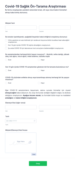Covid 19 Sağlık Ön Tarama Araştırması Form Şablonu