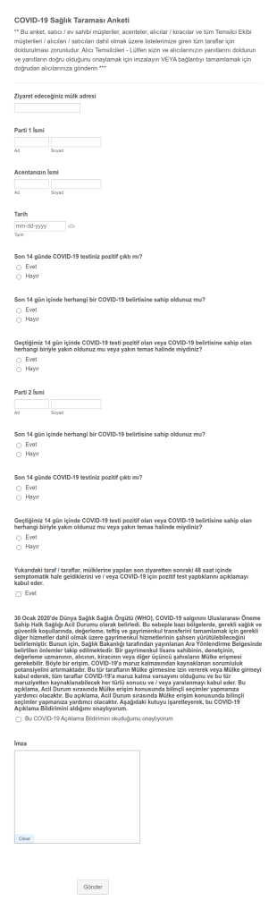 COVID 19 Sağlık Tarama Anketi Form Şablonu