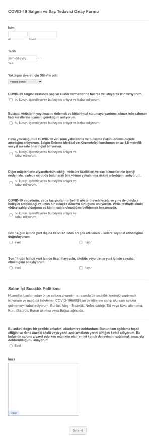COVID 19 Salgını Ve Saç Tedavisi Onay Form Şablonu