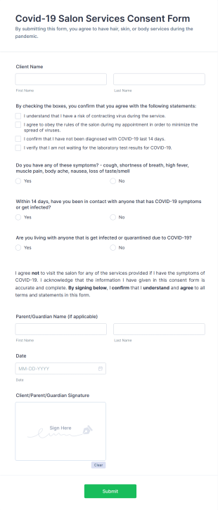 Covid 19 Salon Services Consent Form Template