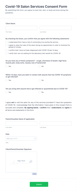 Covid 19 Salon Services Consent Form Template