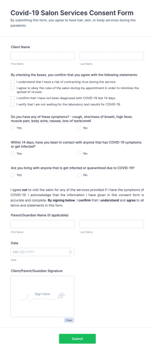 Covid 19 Salon Services Consent Form Template