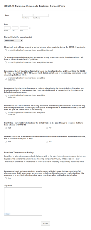 COVID 19 Salon Venus Nails Bar Consent Form Template