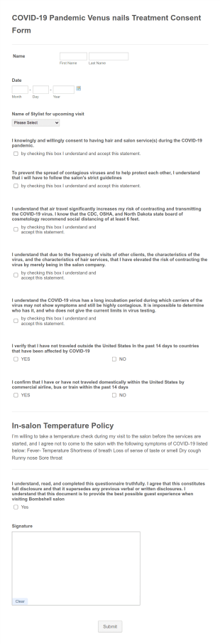 COVID 19 Salon Venus Nails Bar Consent Form Template