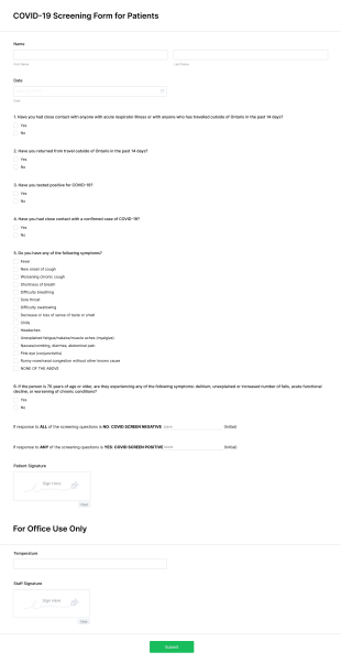 COVID 19 Screening Form For Patients
