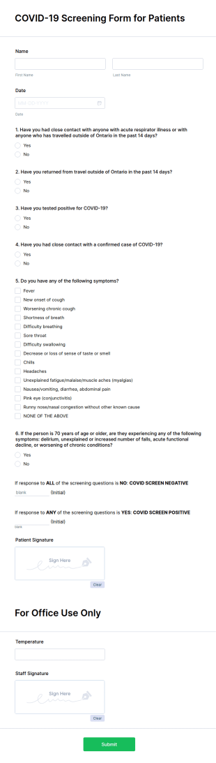 COVID 19 Screening Form For Patients