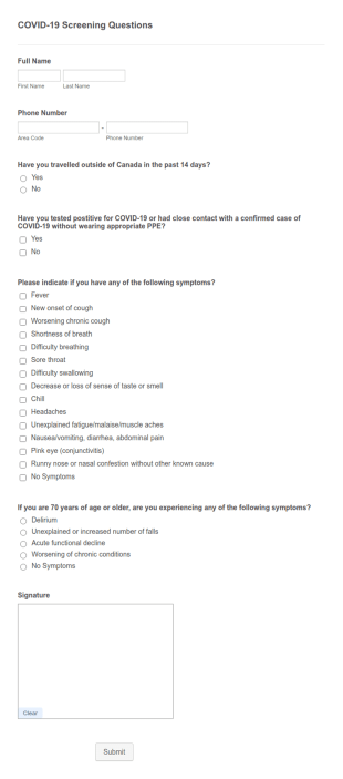 COVID 19 Screening Form Template