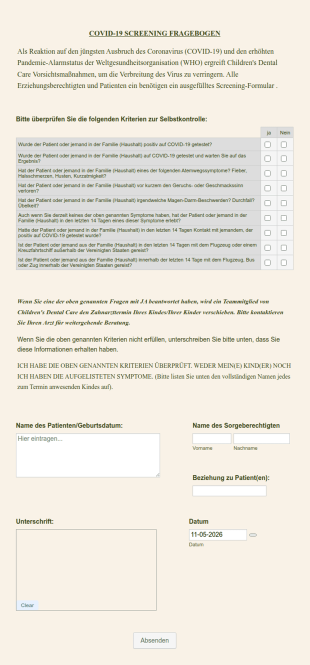 COVID 19 Screening Fragebogen Für Zahnarzt Patienten