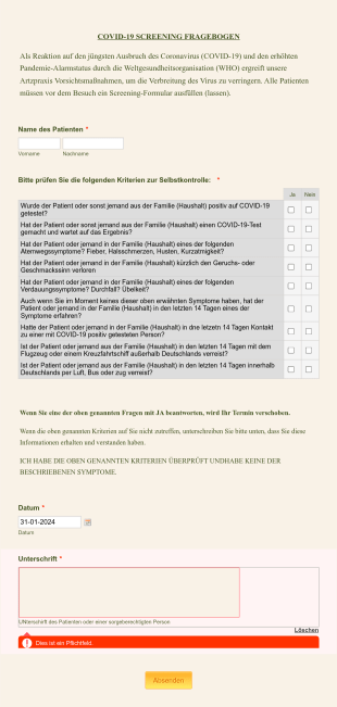 COVID 19 SCREENING FRAGEBOGEN PATIENTEN Für Artzpraxen Form Template