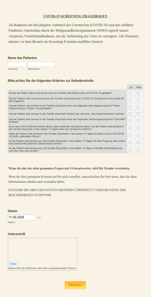 COVID 19 SCREENING FRAGEBOGEN PATIENTEN Für Artzpraxen