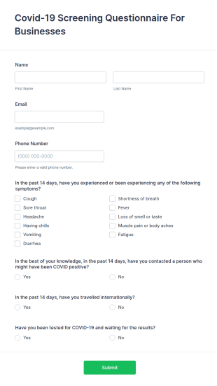 Covid 19 Screening Questionnaire For Businesses Form Template