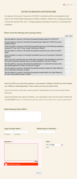 COVID 19 Screening Questionnaire For Dental Patients Form Template