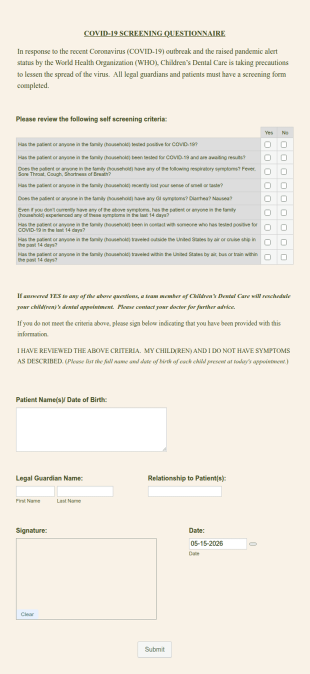 COVID 19 Screening Questionnaire For Dental Patients Form Template