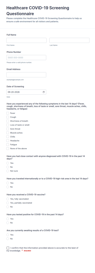 COVID 19 Screening Questionnaire Form Template