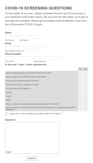 COVID 19 Screening Questionnaire Form Template