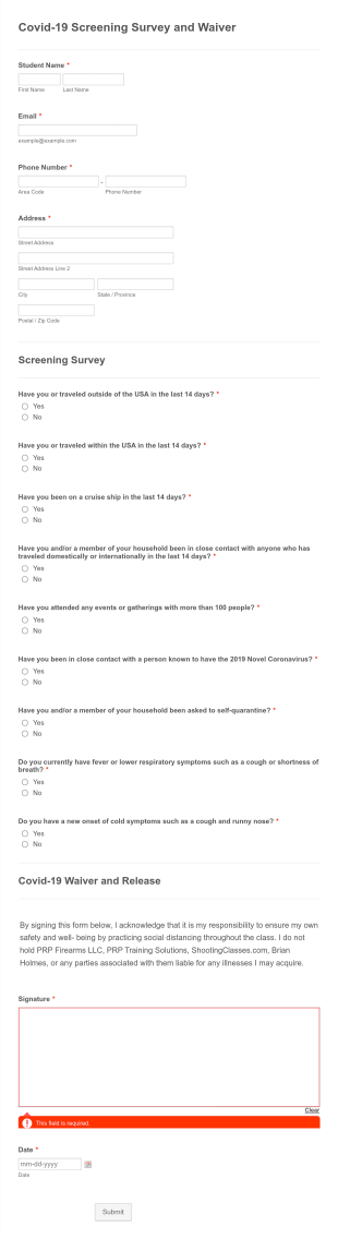 Covid 19 Screening Survey And Waiver Form Template