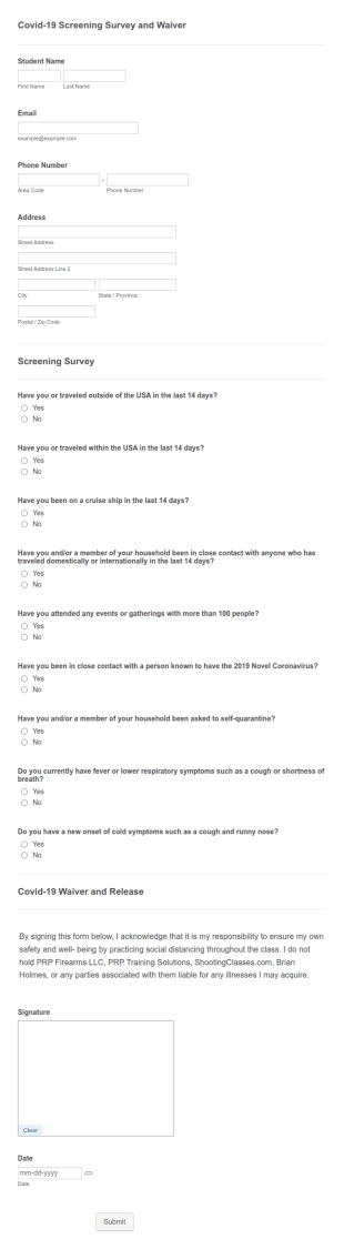Covid 19 Screening Survey And Waiver Form Template