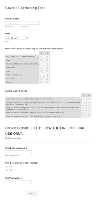 Covid 19 Screening Tool Form Template