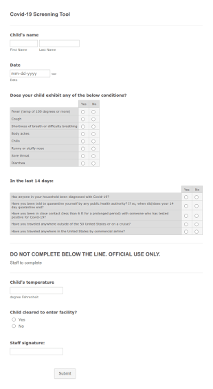 Covid 19 Screening Tool Form Template