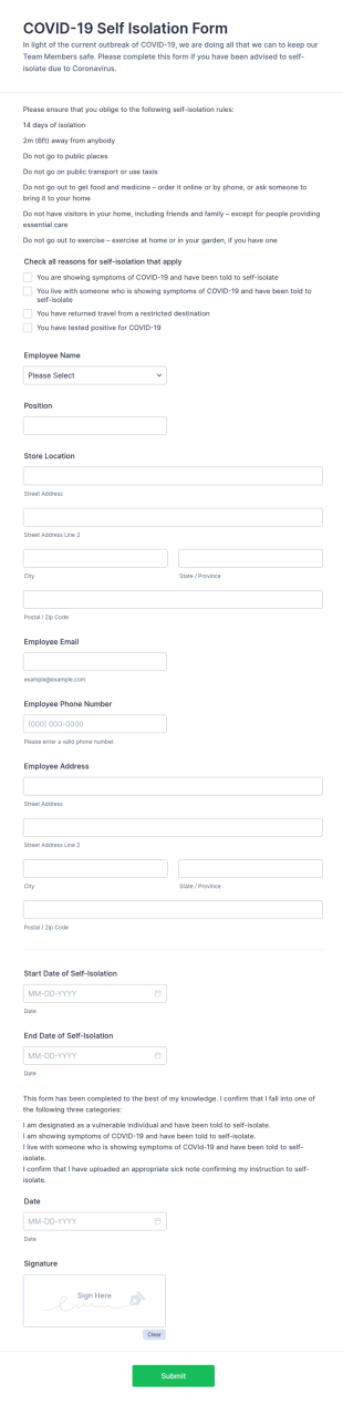 COVID 19 Self Isolation Form Template