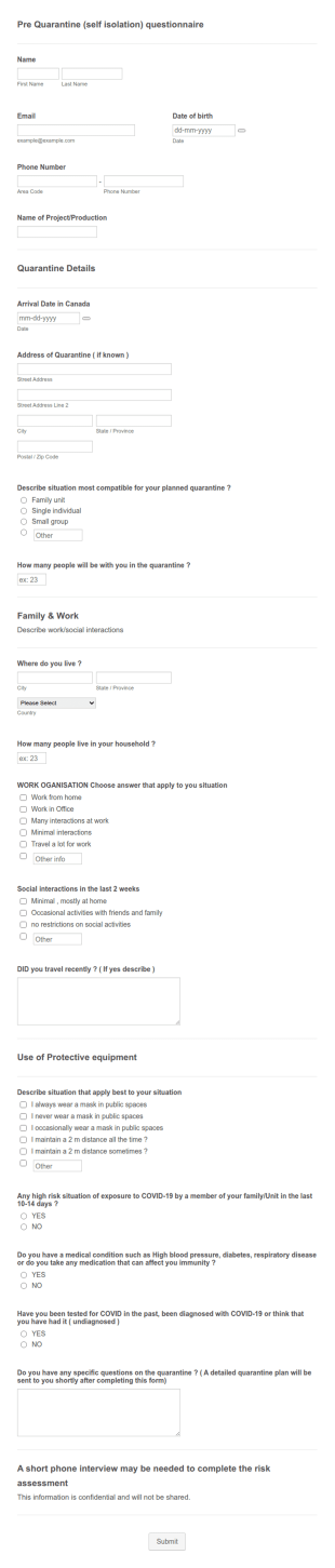 COVID 19 Self Isolation Questionnaire Form Template