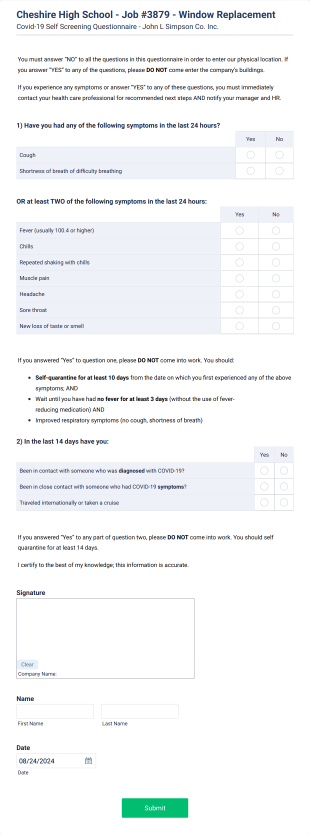 COVID 19 Self Screening Questionnaire Form Template