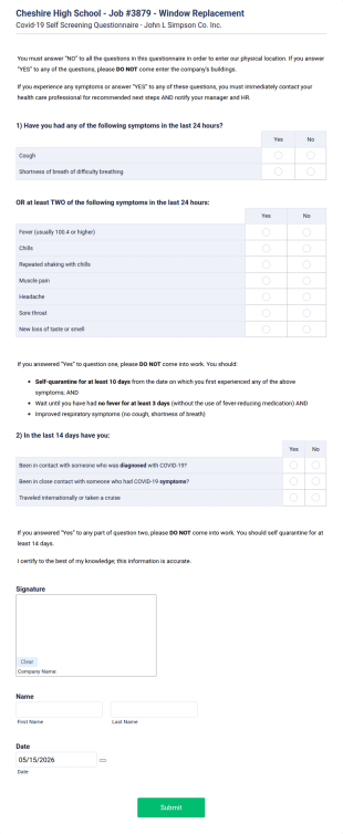 COVID 19 Self Screening Questionnaire Form Template