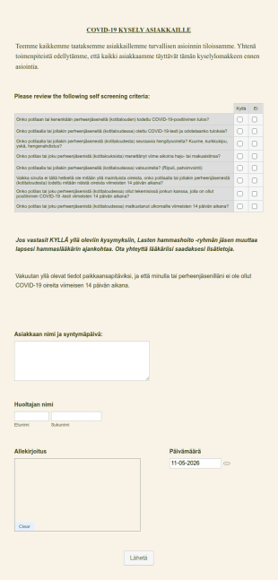 COVID 19 Seulontakysely Hammaslääkärin Asiakkaille