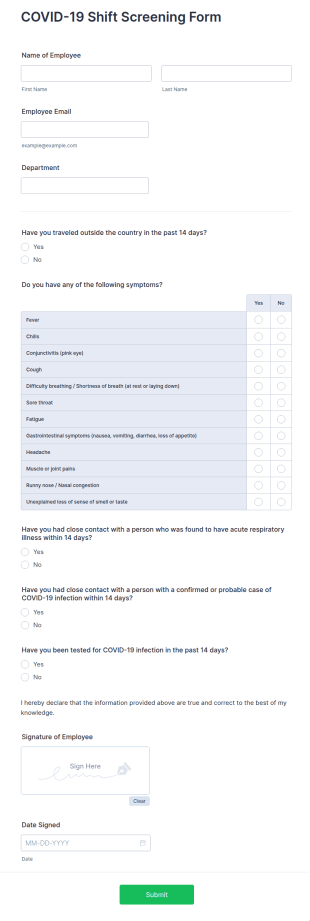 COVID 19 Shift Screening Form Template